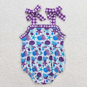 Purple plaid straps starfish shell baby summer romper