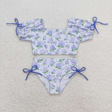Short sleeves lavender floral two piece girls swimsuit