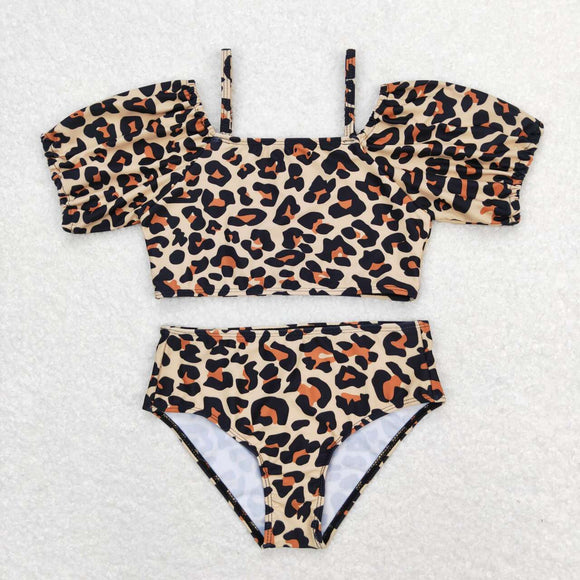 Short sleeves leopard 2 pcs girls summer swimsuit