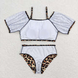 Short sleeves leopard 2 pcs girls summer swimsuit
