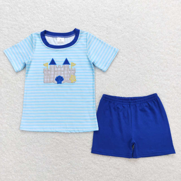 Embroidery Stripe castle shirt shorts boys summer clothes