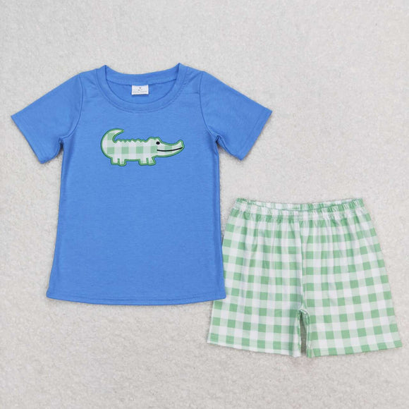 Embroidery Crocodile top plaid shorts kids boys summer outfits