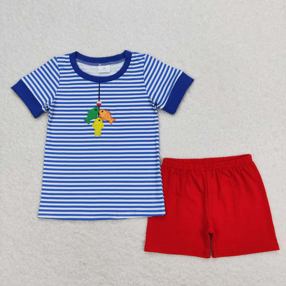 fish stripetop red shorts kids Embroidery boys summer clothing