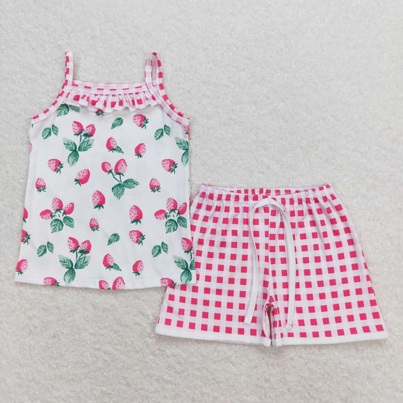 Strawberry ruffle top shorts girls summer clothing
