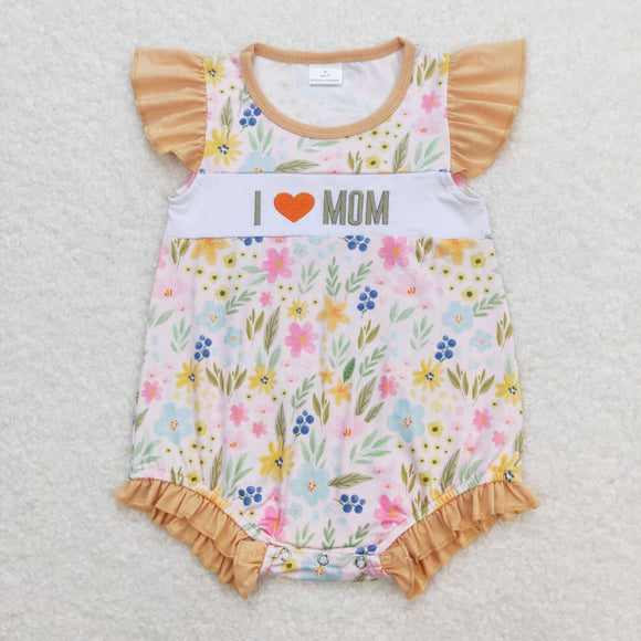 Embroidery Flutter sleeves I love MOM floral baby girls romper