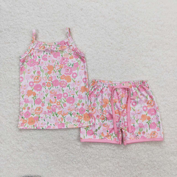 Orange floral ruffle top shorts girls summer clothing