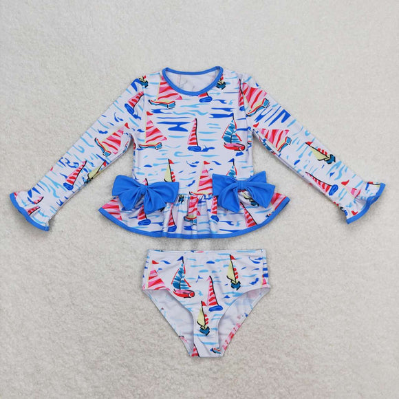 Blue sailboat long sleeves one pc baby girls swimsuit