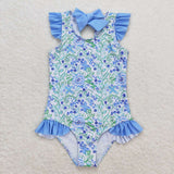 Light blue green floral girls one pc swimsuit