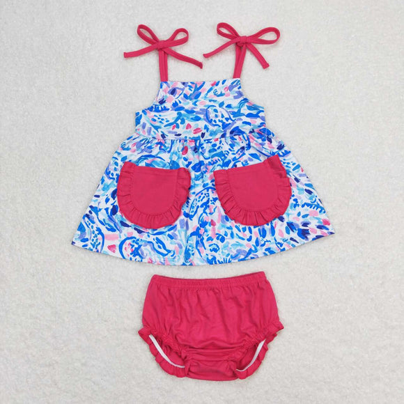 GBO0338 blue floral  and cotton pink shorts Summer bummies suit