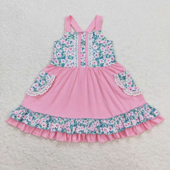 Pink floral sleeveless baby girls summer dresses