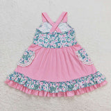 Pink floral sleeveless baby girls summer dresses