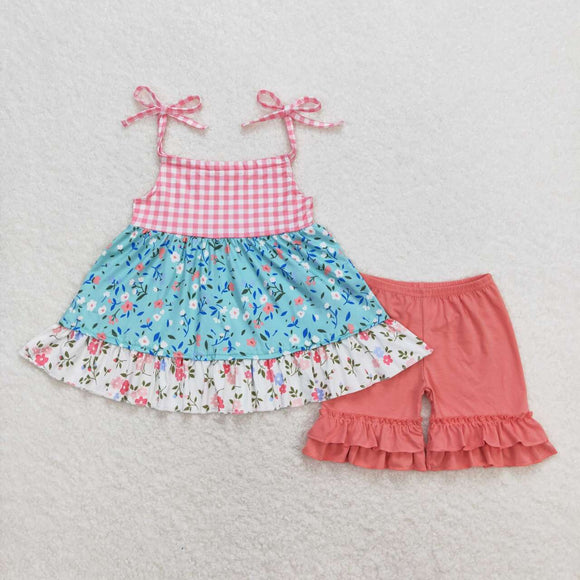 Floral plaid tunic ruffle shorts girls summer clothes