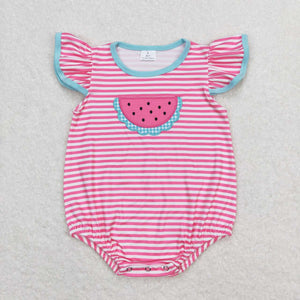 Flutter sleeves stripe embroidery watermelon baby girls summer romper