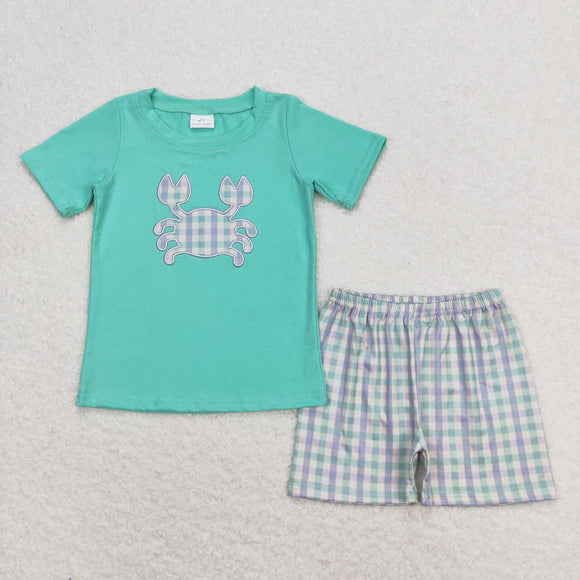 Embroidery Crab shirt plaid pockets shorts boys summer clothes