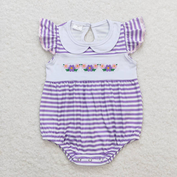 Lavender stripe flutter sleeves floral baby Embroidery girls romper