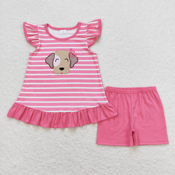 Embroidery Stripe flutter sleeves dog top shorts girls clothes