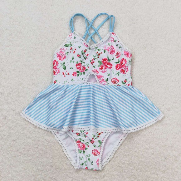 Stripe floral girls one pc summer swimsuit