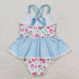 Stripe floral girls one pc summer swimsuit