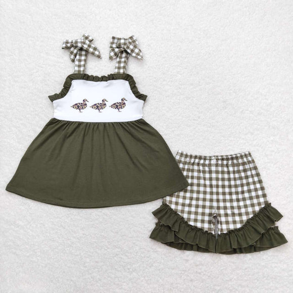 Olive plaid straps duck tunic shorts girls clothing set