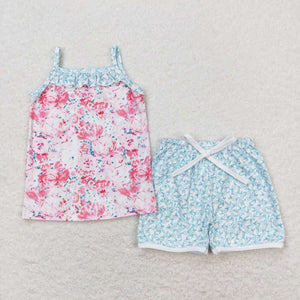 Pink floral ruffle top shorts girls summer clothing