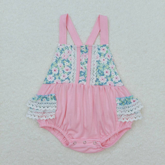 Pink floral ruffle baby girls summer romper