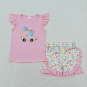 Pink ice cream top floral shorts embroidery girls summer outfits
