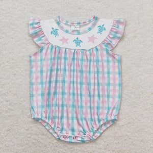 Turtle starfish plaid flutter sleeves baby girls romper