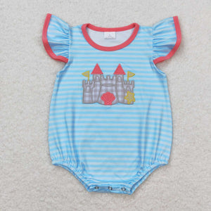 Embroidery Flutter sleeves stripe castle baby girls summer romper