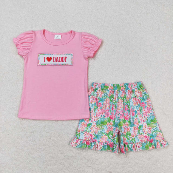 Embroidery Pink I love DADDY top ruffle shorts girls clothing set