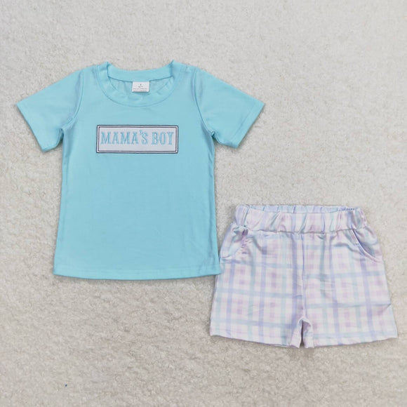 Embroidery Mama's boy top plaid shorts kids mother's day apparel