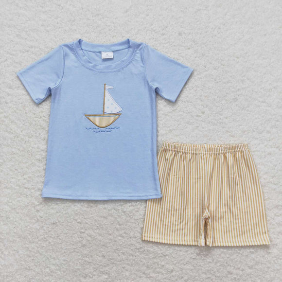 Embroidery Boat top stripe shorts boys summer clothes