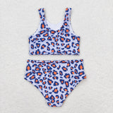 Sleeveless red blue leopard girls 4th of July swimsuit