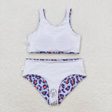 Sleeveless red blue leopard girls 4th of July swimsuit