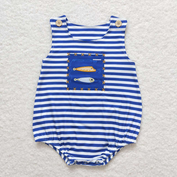 Sleeveless navy stripe embroidery fishing baby boy romper