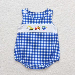 Blue plaid sleeveless constructions baby boy romper