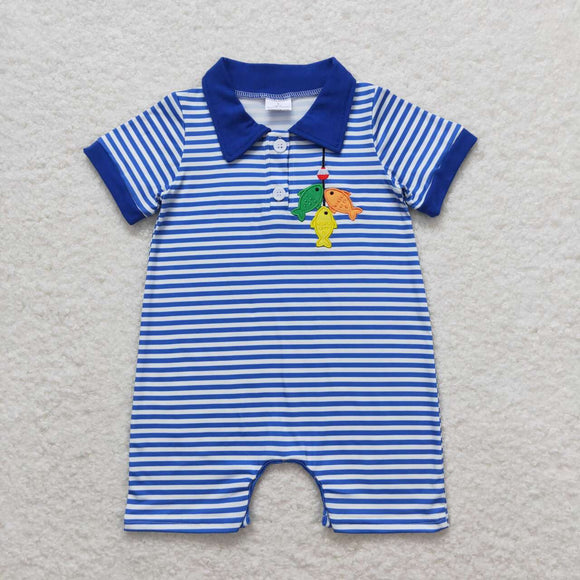 Short sleeves stripe fishing baby embroidery boy polo romper