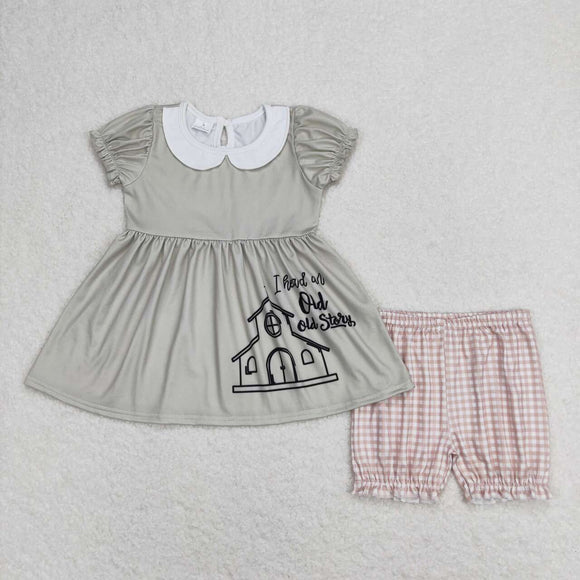 Short sleeves old story tunic plaid shorts girls clothes