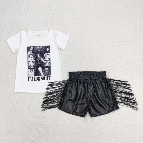 White top black tassels leather shorts singer girls clothes