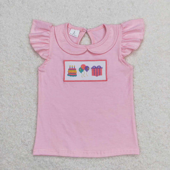 Embroidery Pink flutter sleeves cake balloon gift kids girls birthday shirt