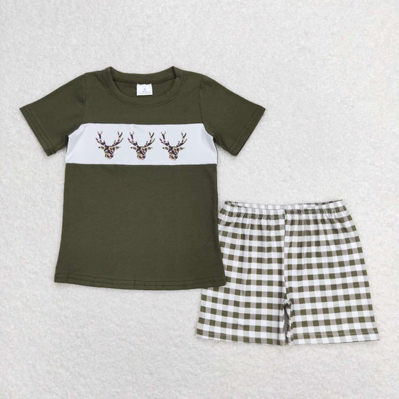 Olive deer top plaid shorts boys clothing set