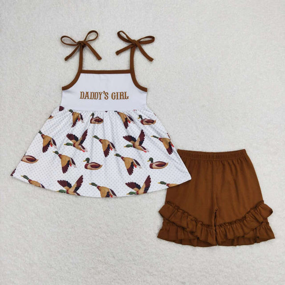 Embroidery daddy's girl Brown straps duck tunic shorts girls clothing set