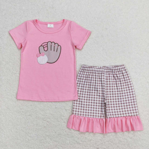 Embroidery Pink baseball shirt plaid shorts girls clothing set