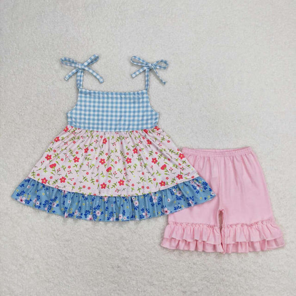 Floral tunic ruffle shorts girls summer clothing
