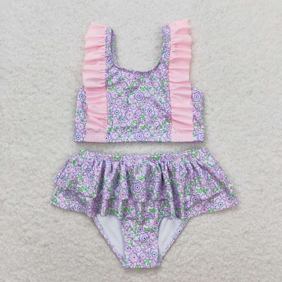 Pink ruffle floral two pieces baby girls swimsuit