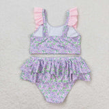 Pink ruffle floral two pieces baby girls swimsuit