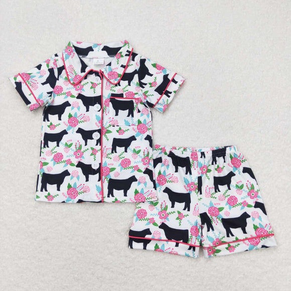 Cow pink floral kids girls button down summer pajamas