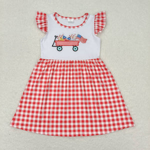 Red plaid flutter sleeves embroidery flag girls patriotic dresses