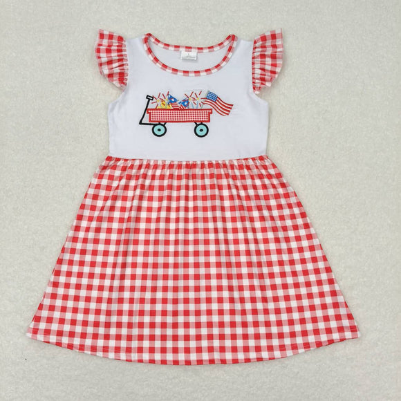 Red plaid flutter sleeves embroidery flag girls patriotic dresses