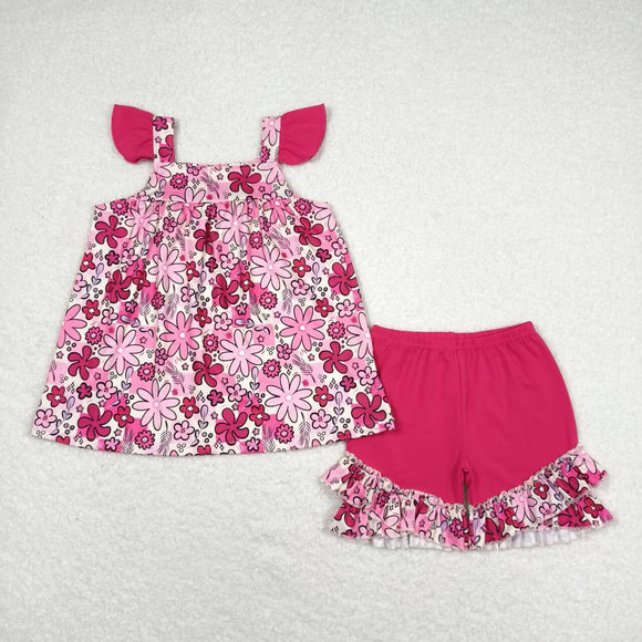 Flutter sleeves floral tunic ruffle shorts girls summer set