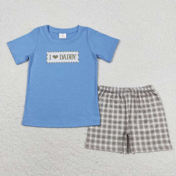 Embroidery I love DADDY top plaid shorts boys clothing